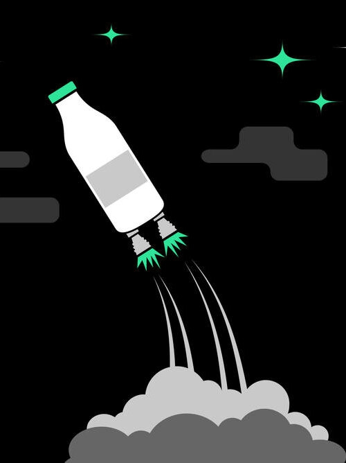 Eine Illustration einer Milchflasche als aufsteigende Rakete.