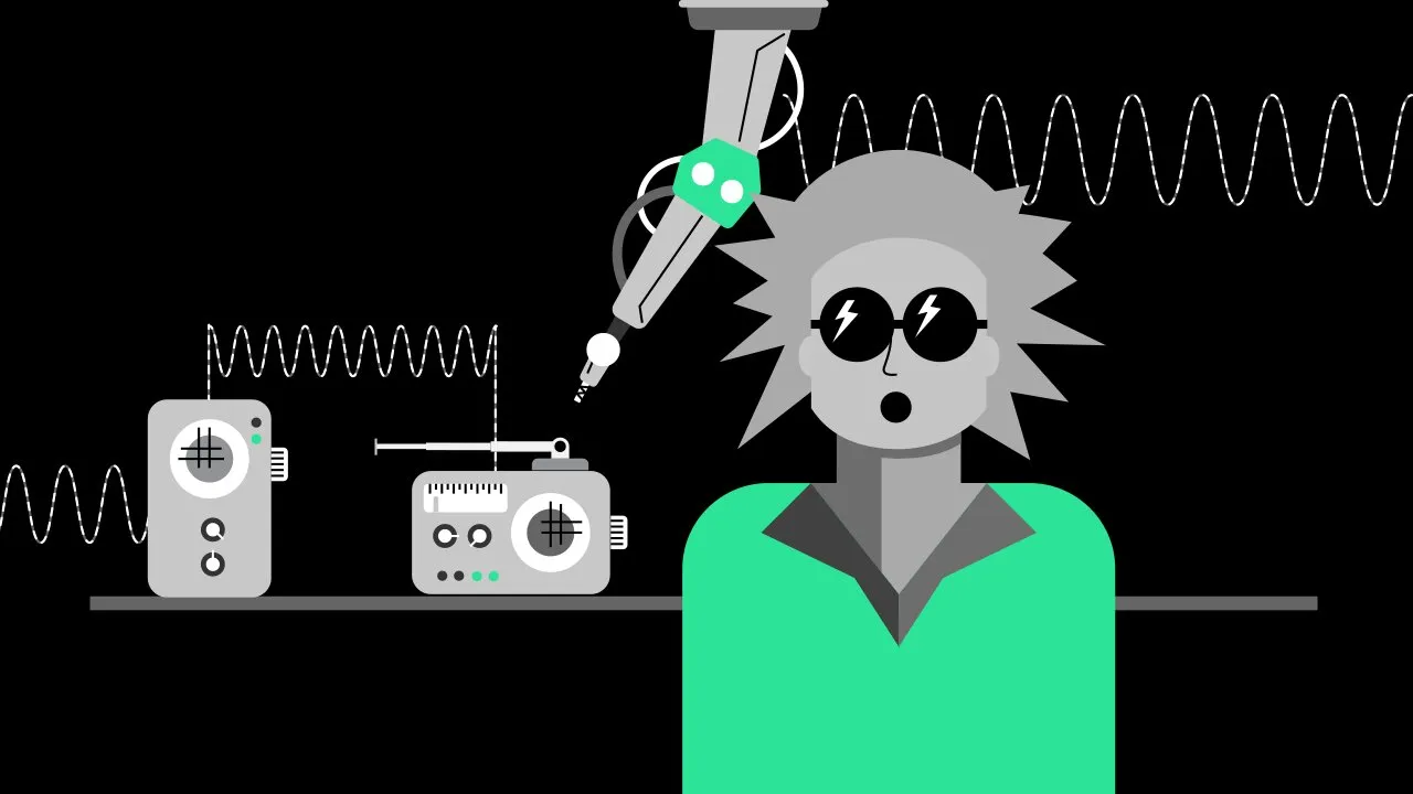 Eine Illustration eines Roboters, der an einem Radio herumschraubt und ein überraschter Mensch als Animation.