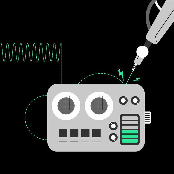 Detailansicht als Illustration eines Radios mit einem Schraubvorgang am Gerät. 