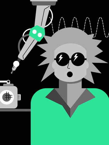 Eine Illustration eines Roboters, der an einem Radio herumschraubt und ein überraschter Mensch als Animation.