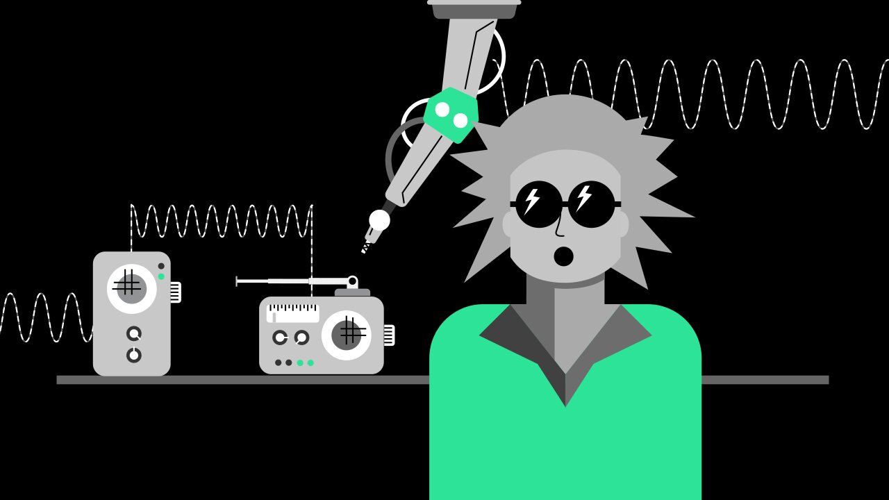 Eine Illustration eines Roboters, der an einem Radio herumschraubt und ein überraschter Mensch als Animation.