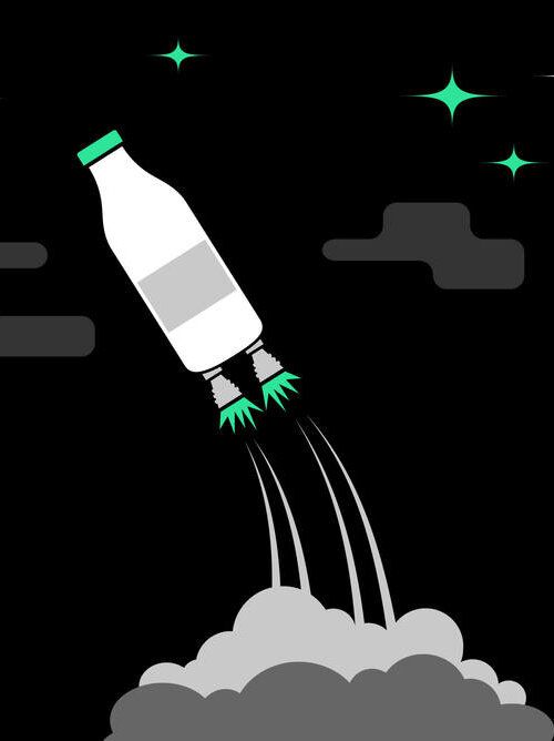 Eine Illustration einer Milchflasche als aufsteigende Rakete.