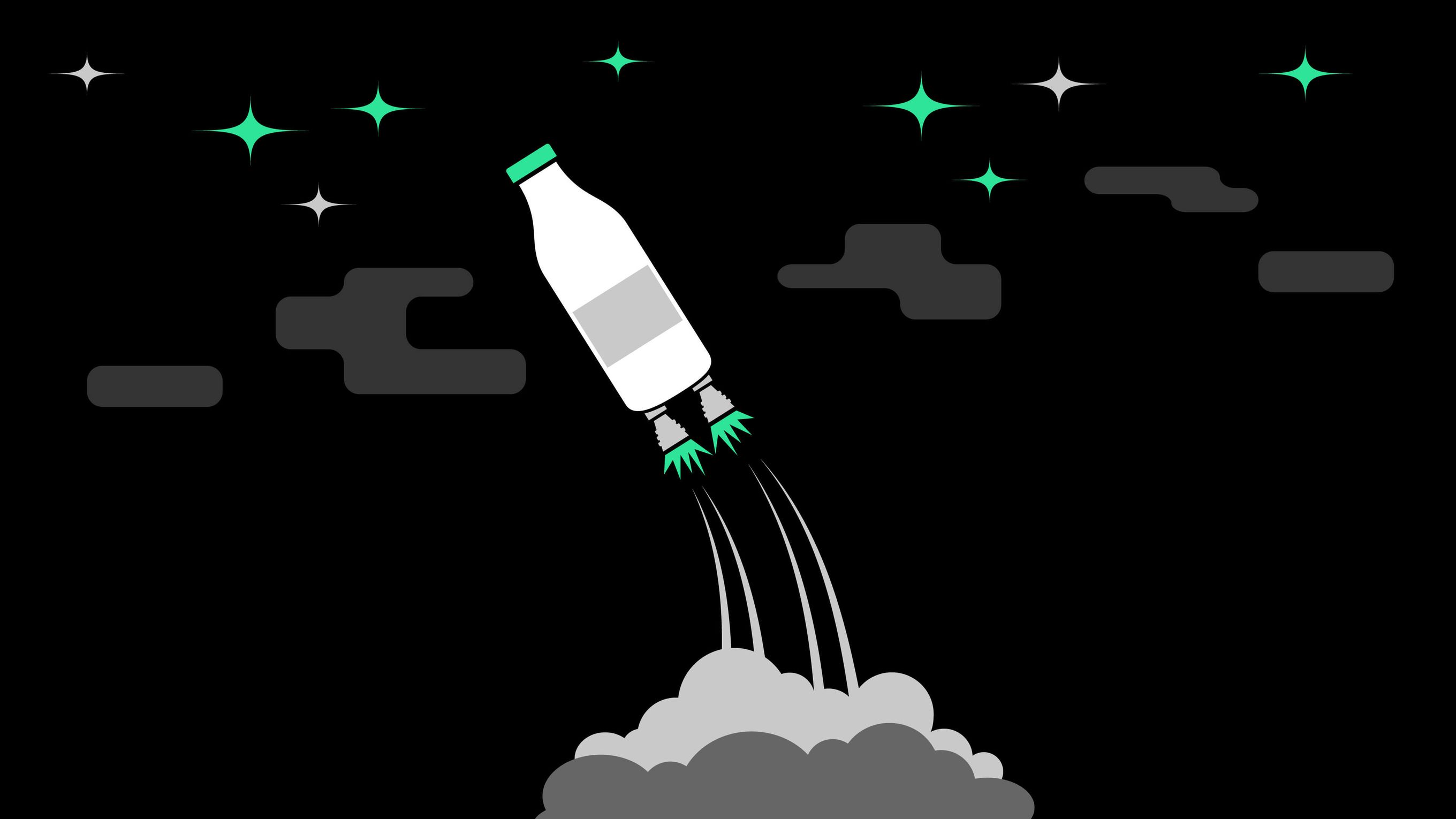 Eine Illustration einer Milchflasche als aufsteigende Rakete.