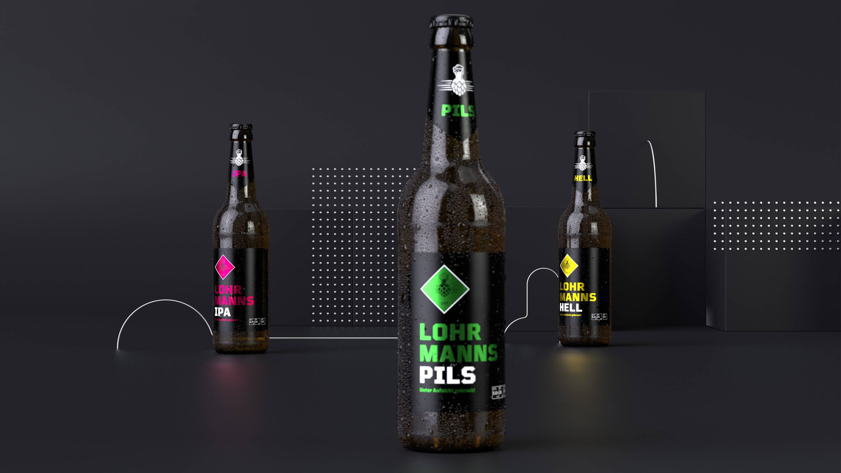 Verschiedene Ausführungen der Lohrmanns-Bierflaschen in einer 3D-Welt